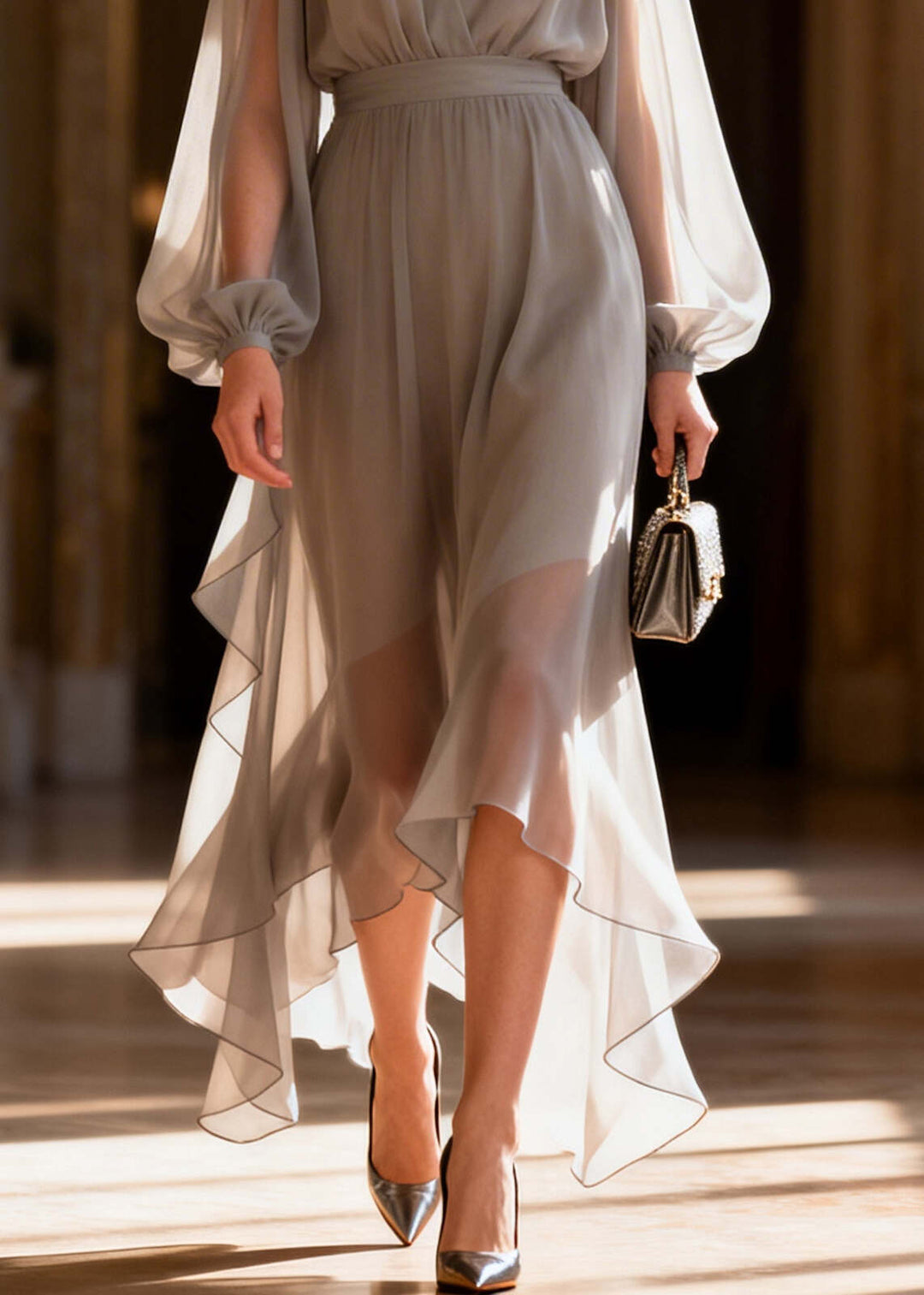 Simple Grey V Neck Draping Chiffon Long Dress Summer