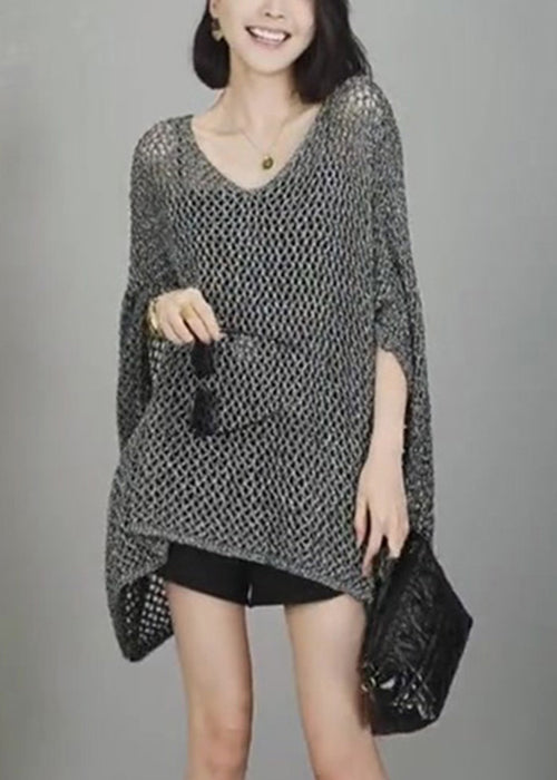 Simple Grey V Neck Hollow Out Knit T Shirts Batwing Sleeve