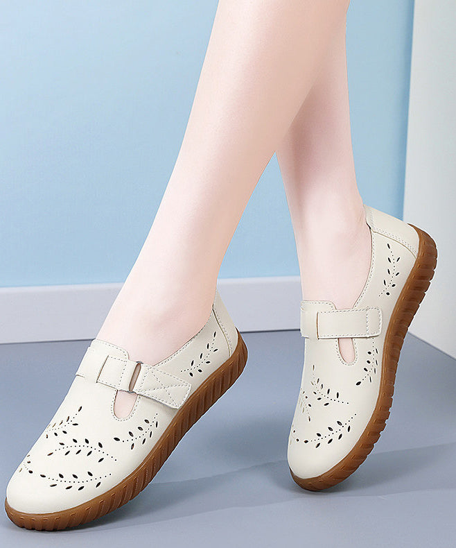 Simple Hollow Out Flat Feet Shoes White Cowhide Leather