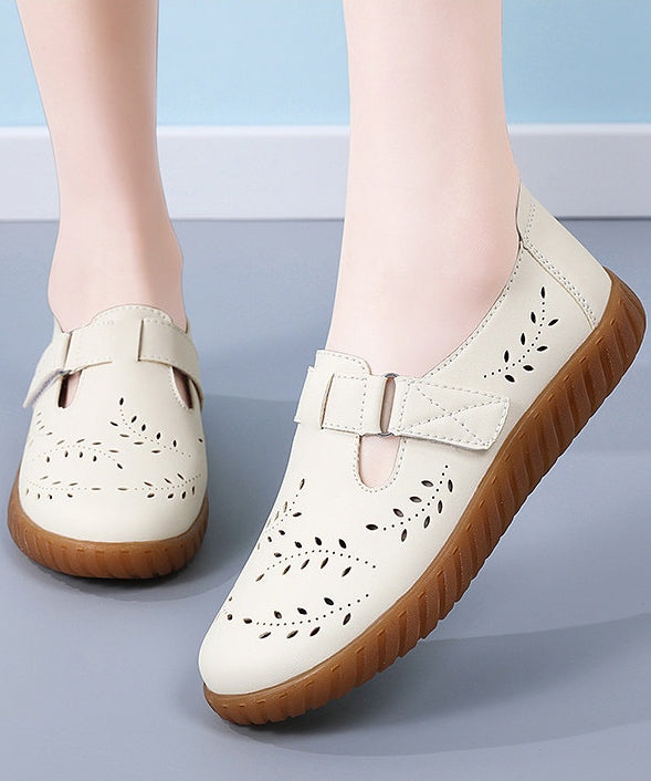 Simple Hollow Out Flat Feet Shoes White Cowhide Leather