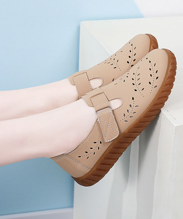 Simple Hollow Out Flat Feet Shoes White Cowhide Leather