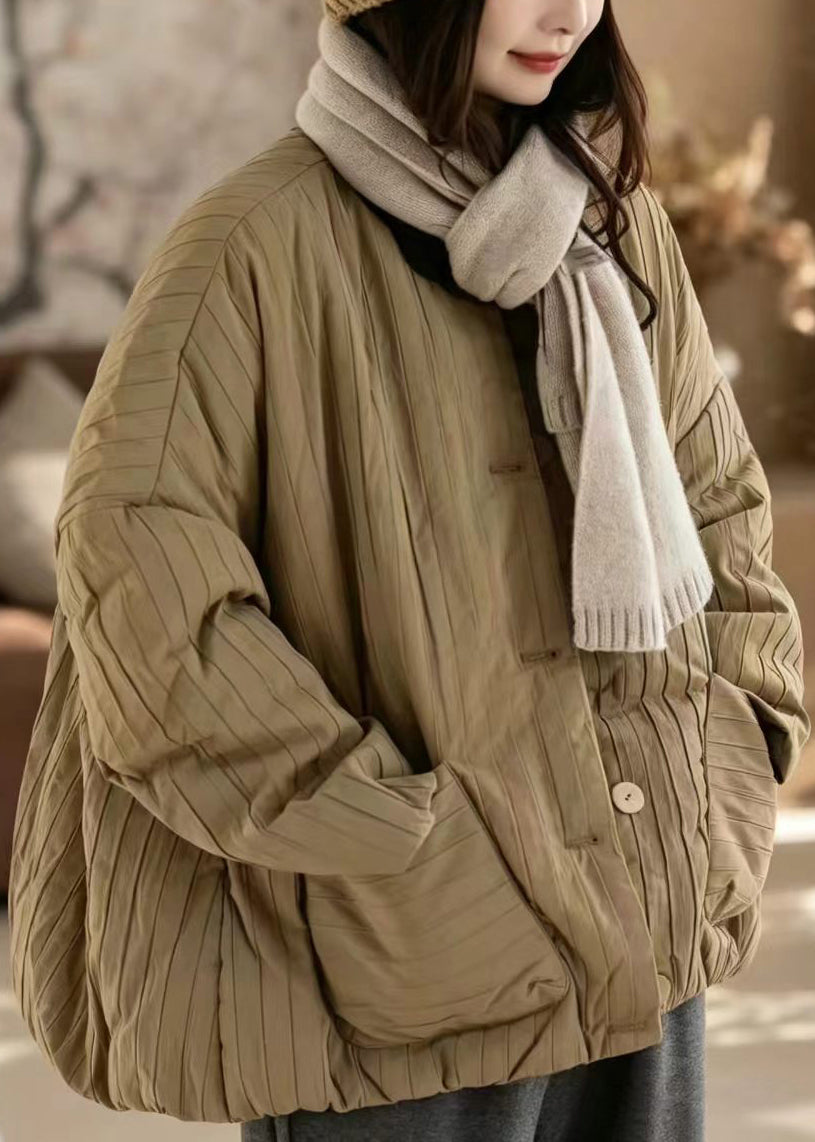 Simple Khaki O-Neck Oversized Pockets Cotton Filled Puffer Jacket Winter