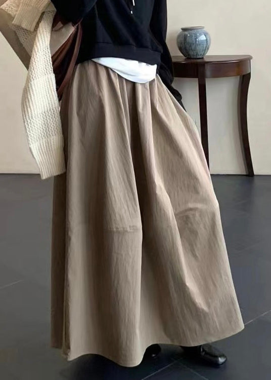 Simple Khaki Pockets Elastic Waist Cotton Skirts Fall