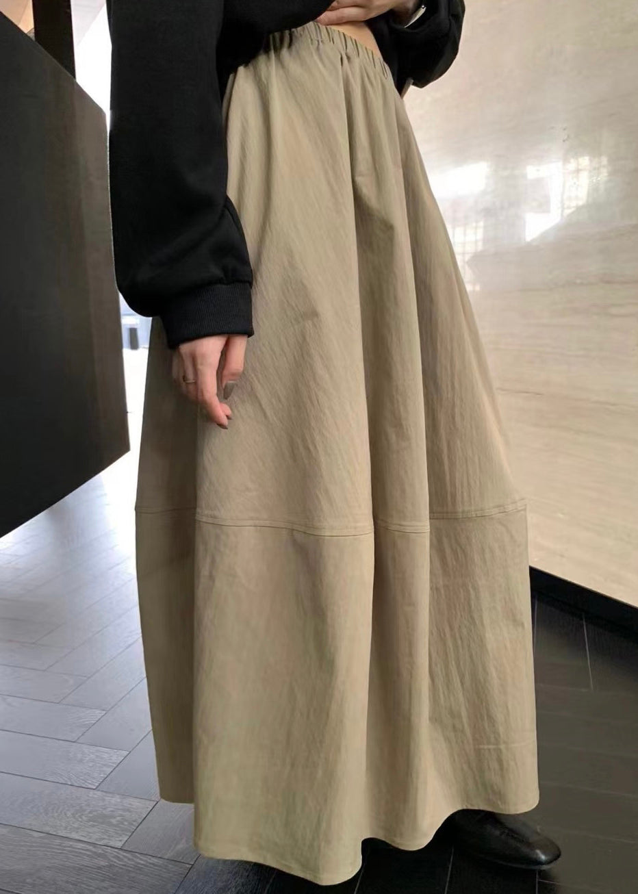 Simple Khaki Pockets Elastic Waist Cotton Skirts Fall