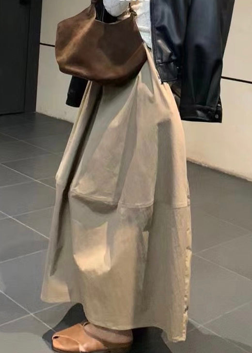 Simple Khaki Pockets Elastic Waist Cotton Skirts Fall