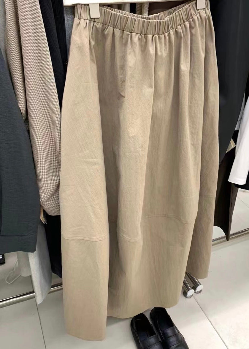 Simple Khaki Pockets Elastic Waist Cotton Skirts Fall