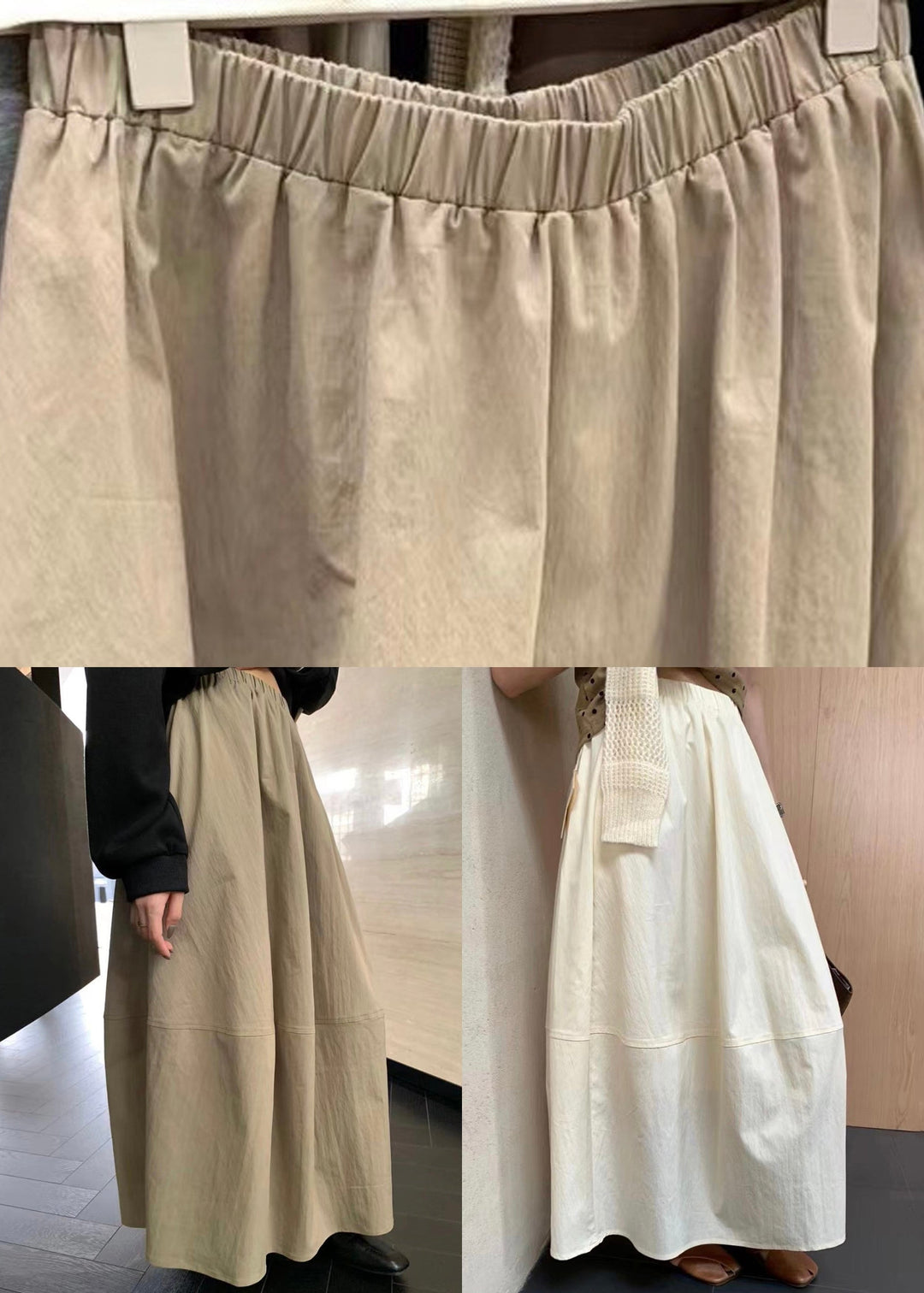 Simple Khaki Pockets Elastic Waist Cotton Skirts Fall