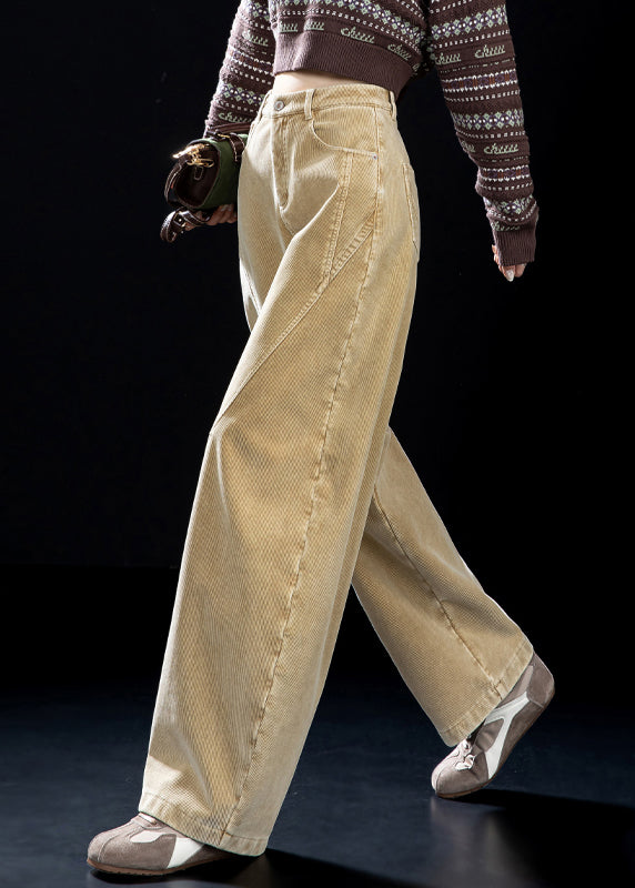 Simple Khaki Pockets High Waist Warm Fleece Corduroy Pants Winter