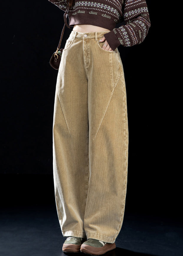 Simple Khaki Pockets High Waist Warm Fleece Corduroy Pants Winter