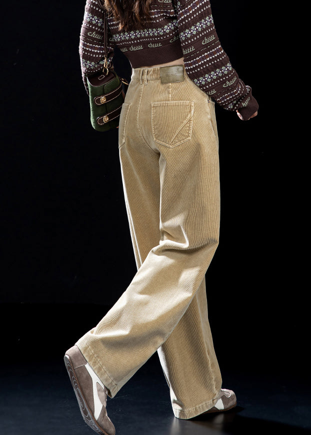 Simple Khaki Pockets High Waist Warm Fleece Corduroy Pants Winter