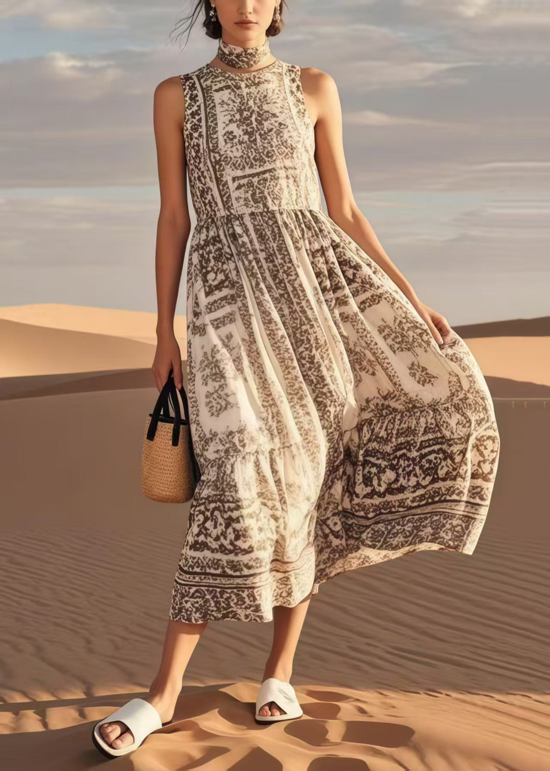 Simple Khaki Print Cotton Long Dresses Summer