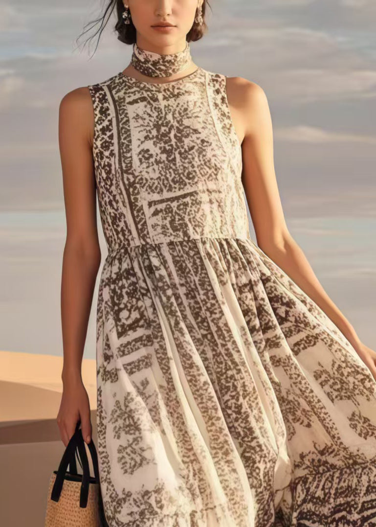Simple Khaki Print Cotton Long Dresses Summer