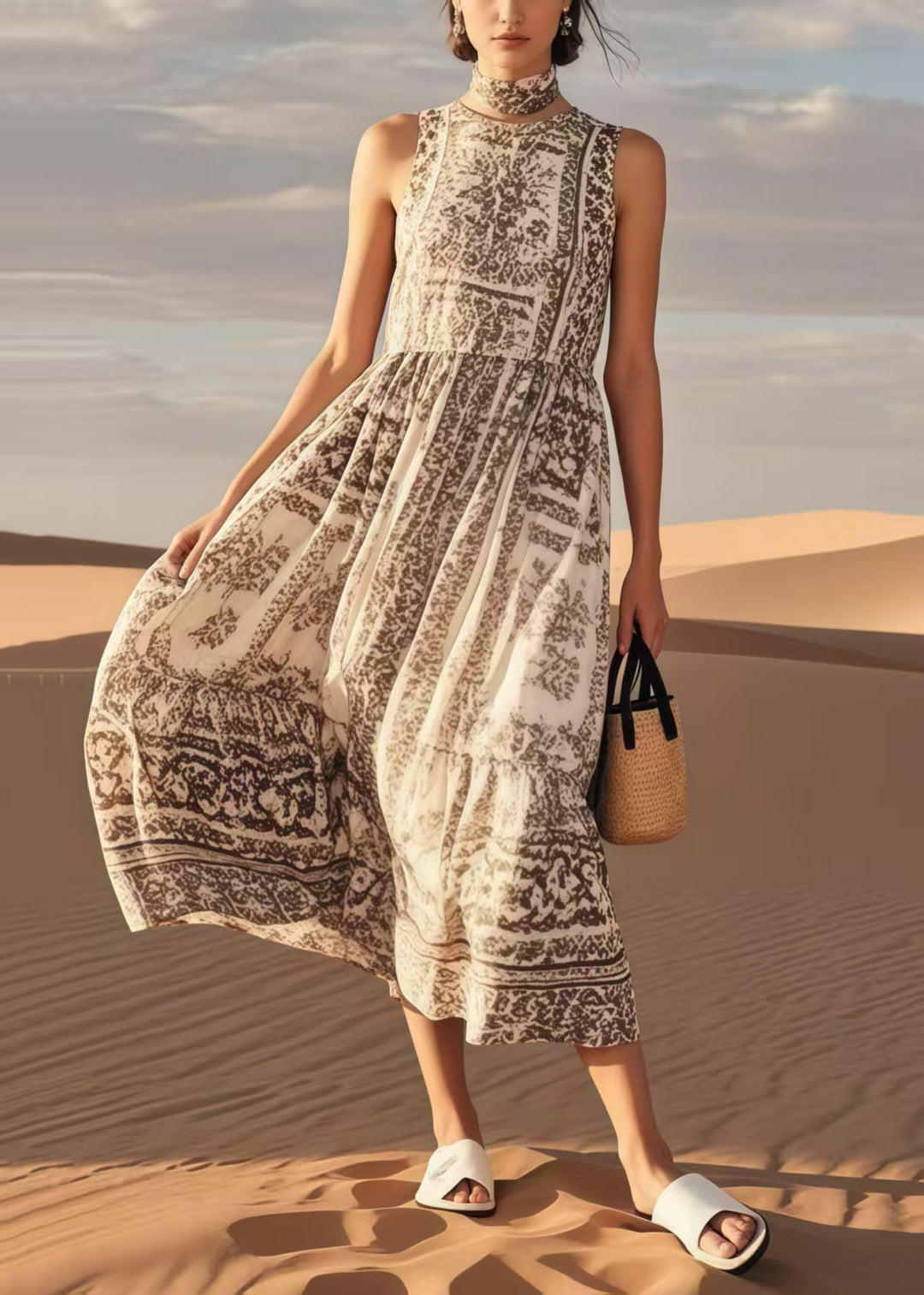 Simple Khaki Print Cotton Long Dresses Summer