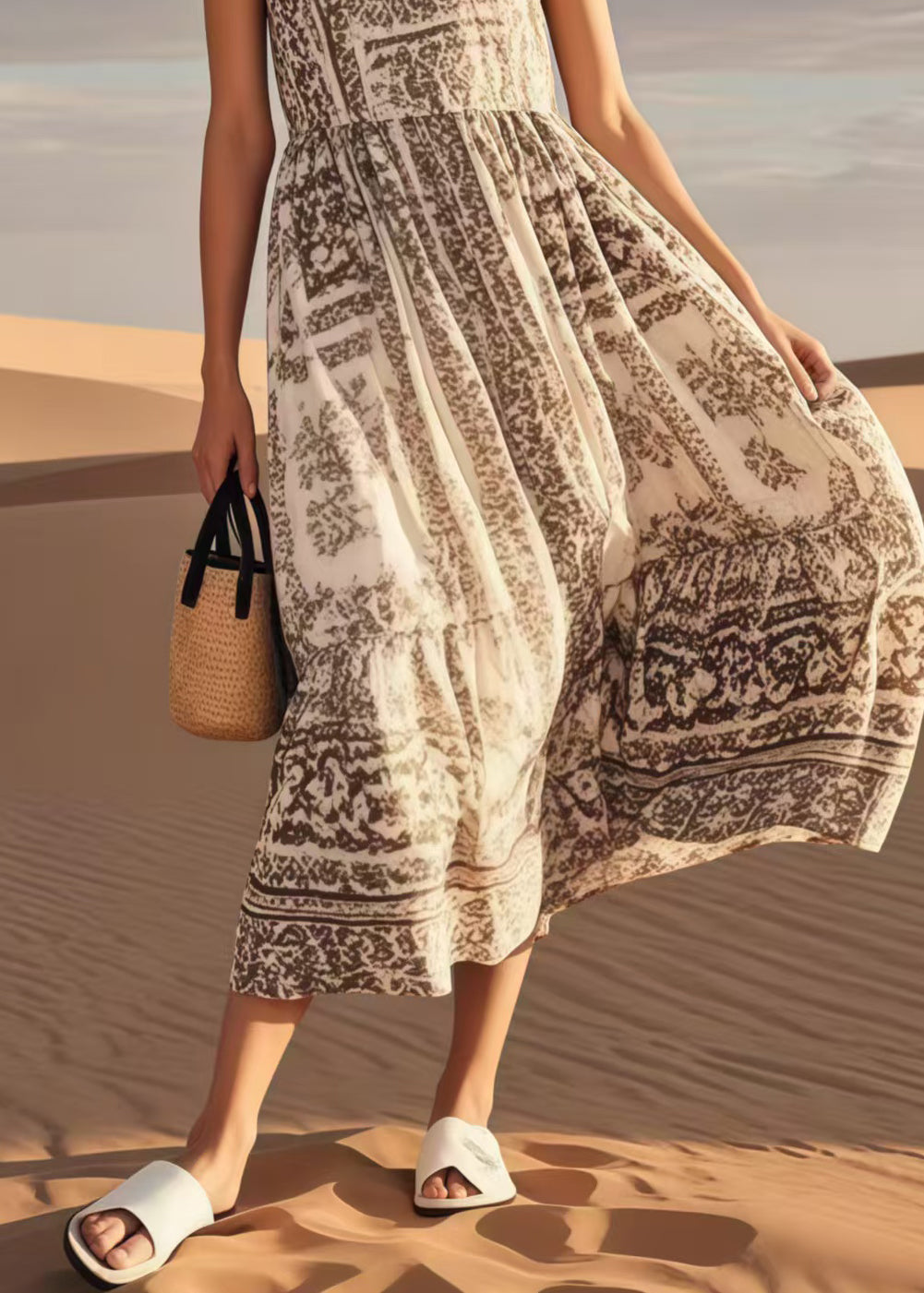 Simple Khaki Print Cotton Long Dresses Summer