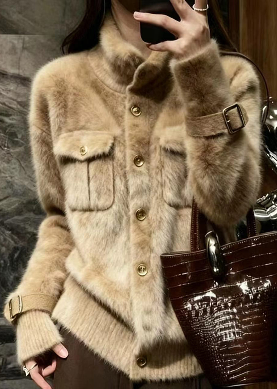 Simple Khaki Stand Collar Button Mink Hair Knitted Sweater Coat Winter