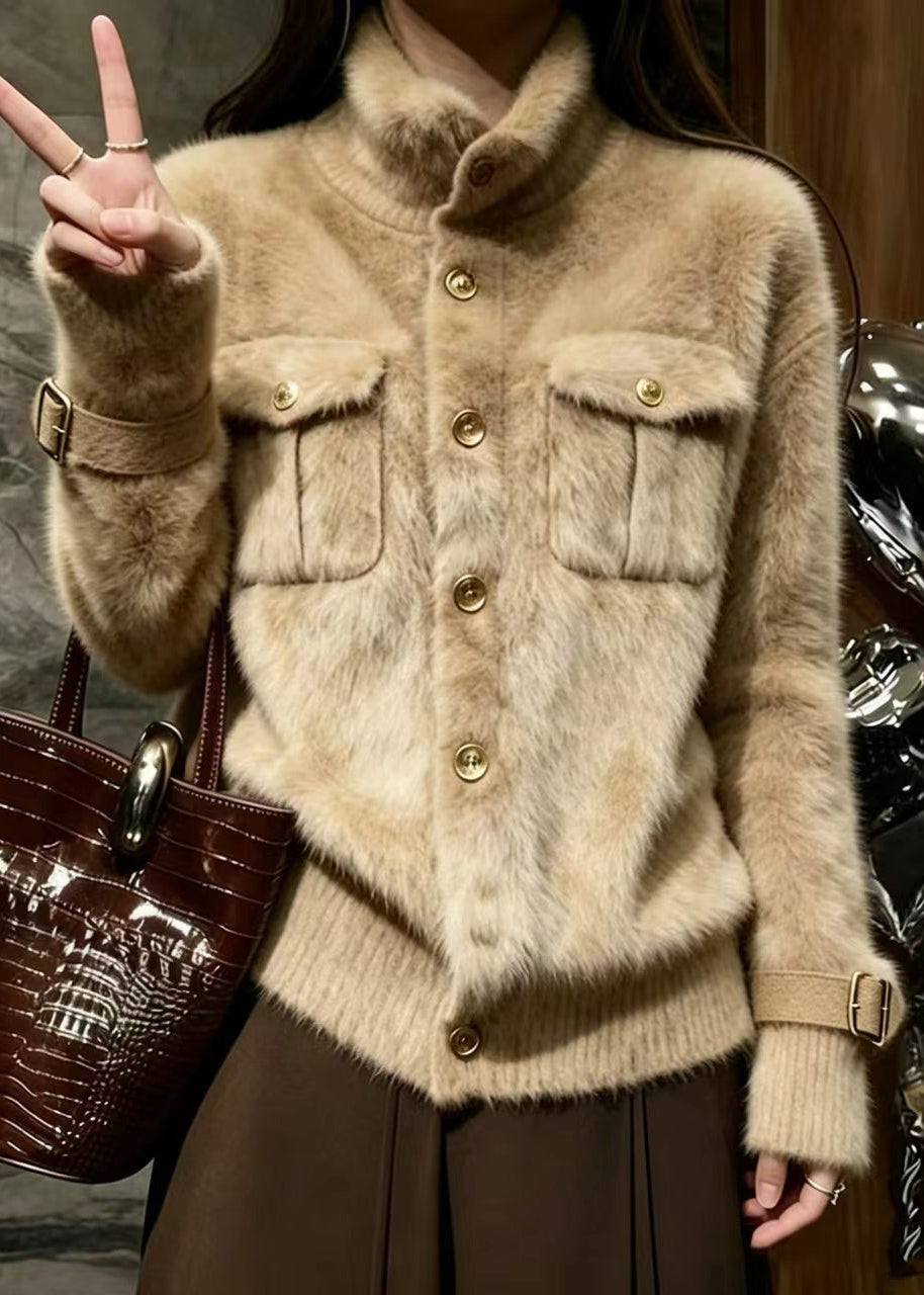 Simple Khaki Stand Collar Button Mink Hair Knitted Sweater Coat Winter