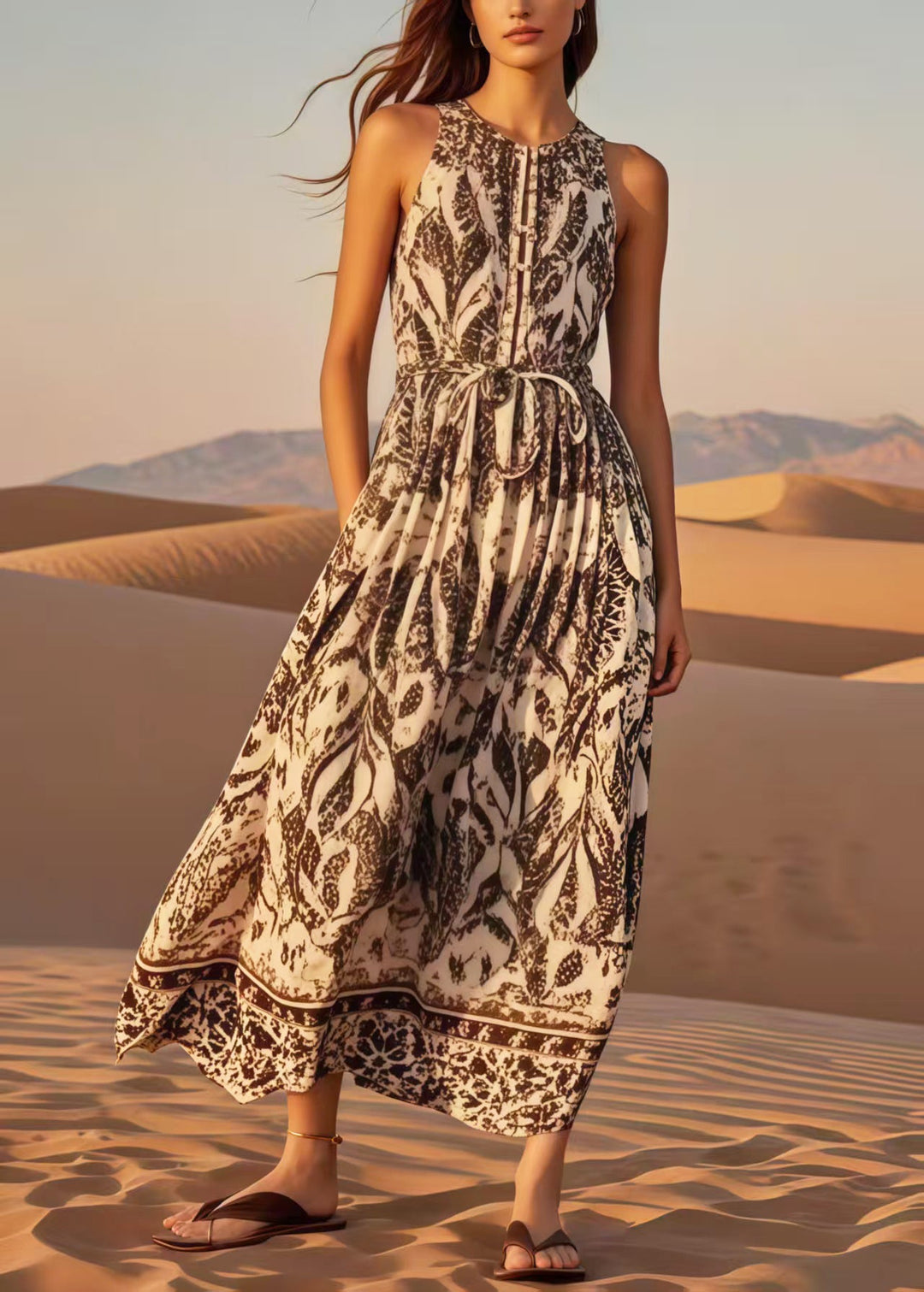 Simple Khaki Tie Waist Print Cotton Maxi Dress Sleeveless