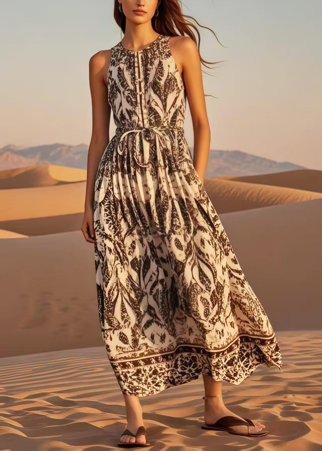 Simple Khaki Tie Waist Print Cotton Maxi Dress Sleeveless