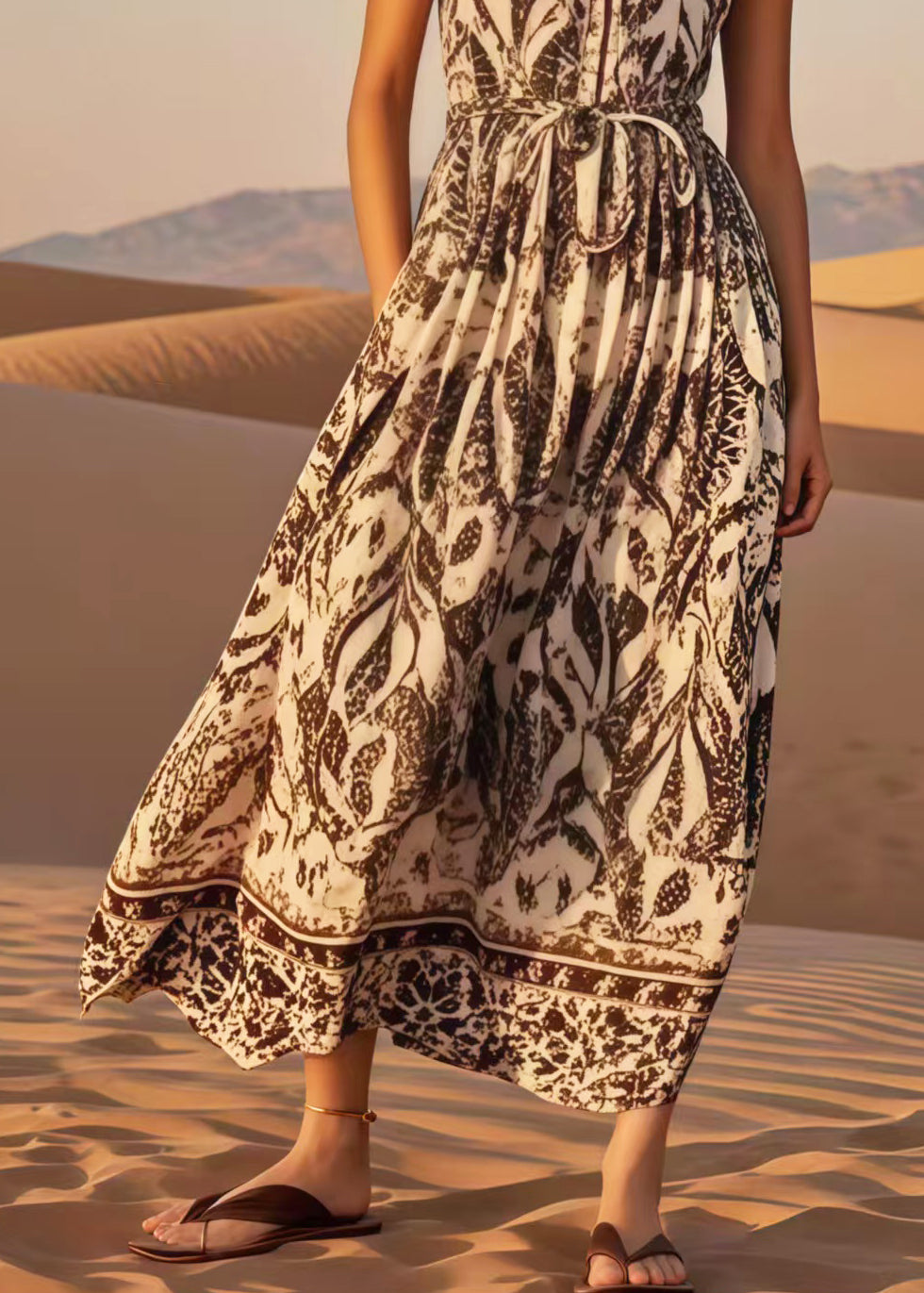 Simple Khaki Tie Waist Print Cotton Maxi Dress Sleeveless