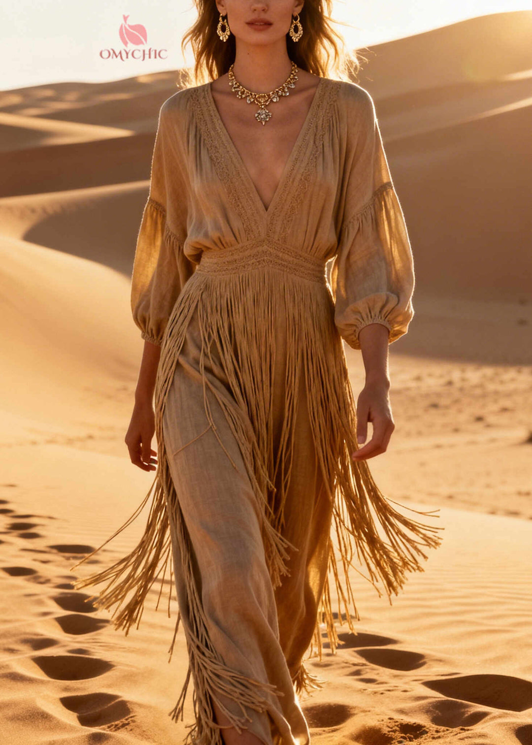Simple Khaki V Neck Tasseled Cotton Maxi Dresses Bracelet Sleeve