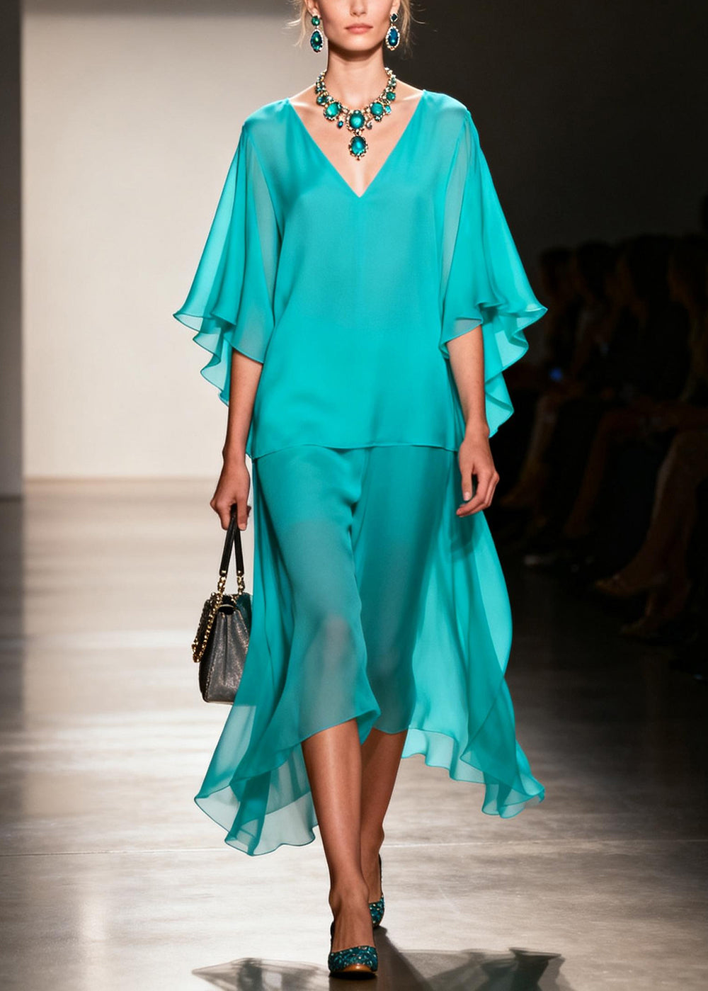 Simple Lake Green Oversized Patchwork Chiffon Fake Two Piece Dresses Summer