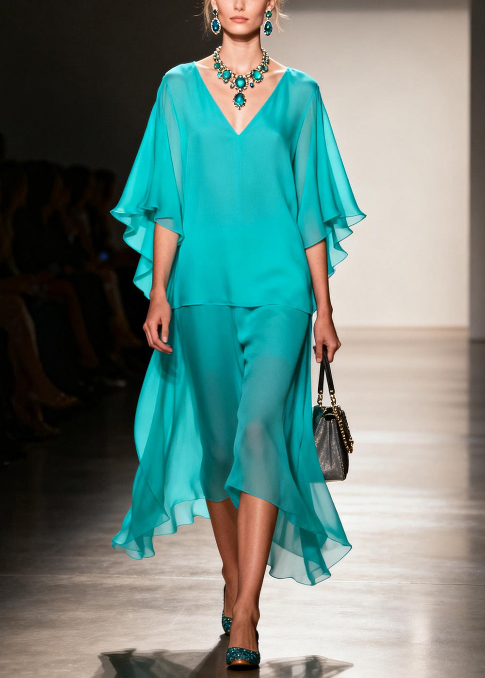 Simple Lake Green Oversized Patchwork Chiffon Fake Two Piece Dresses Summer