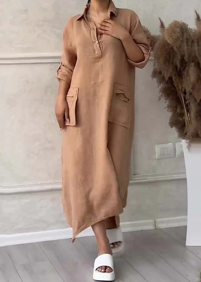 Simple Lavender Peter Pan Collar Pockets Linen A Line Dresses Summer