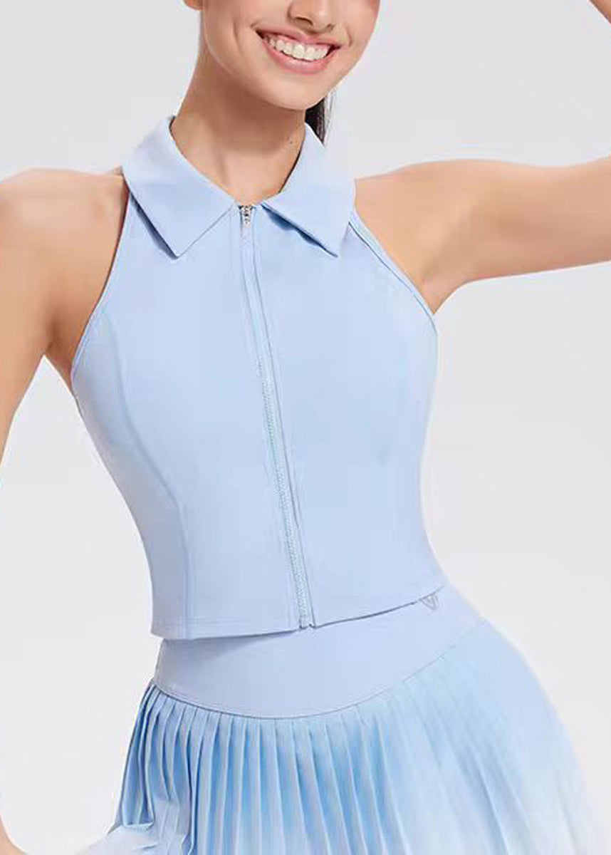 Simple Lemon Yellow Turn-Down Collar Zip Up High-Stretchy Breathable Sleeveless Tennis Top