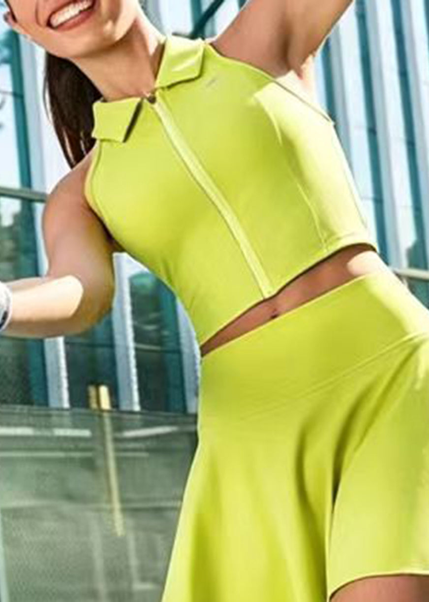 Simple Lemon Yellow Turn-Down Collar Zip Up High-Stretchy Breathable Sleeveless Tennis Top