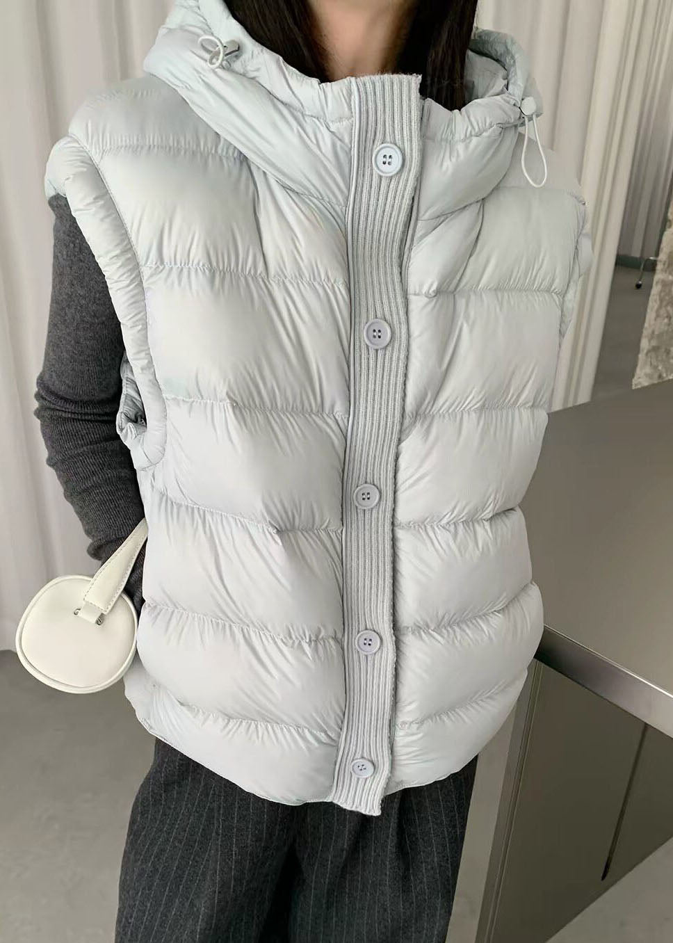 Simple Light Blue Hooded Pockets Fine Cotton Filled Parkas Winter