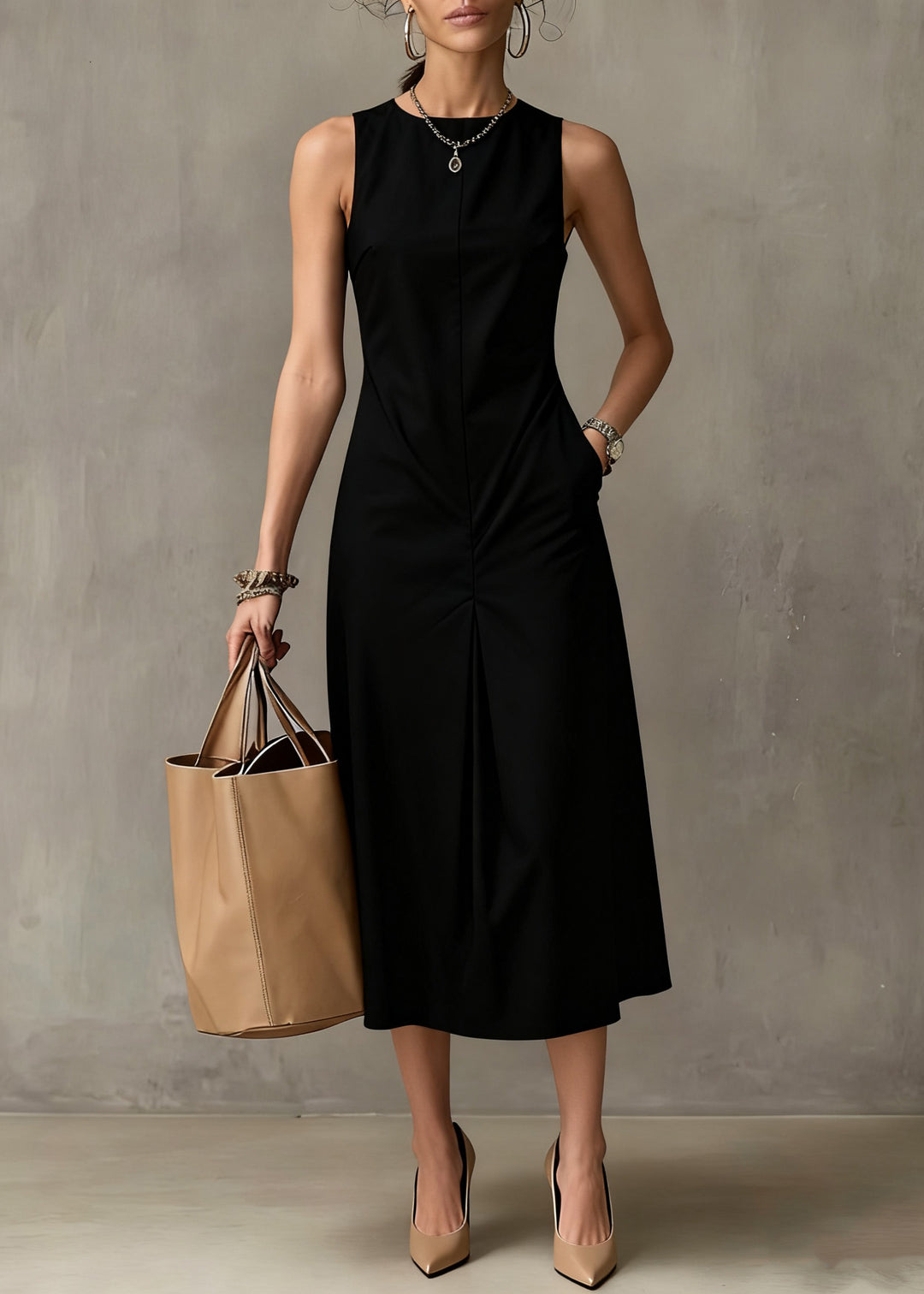 Simple Light Blue Pockets Solid Cotton Long Dresses Sleeveless