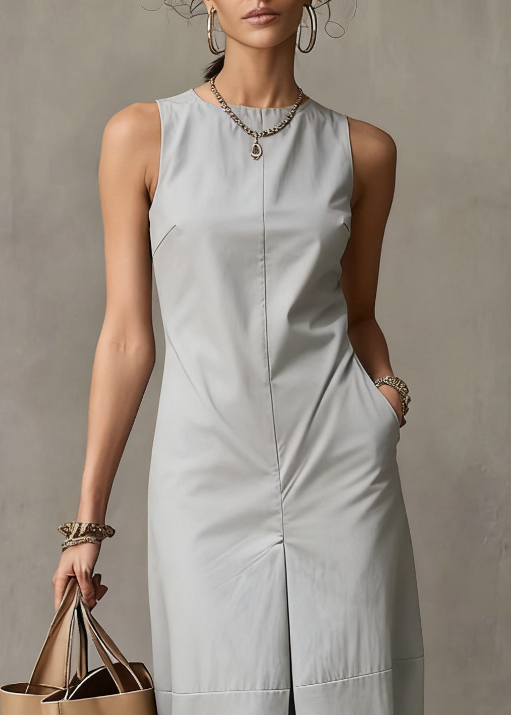Simple Light Blue Pockets Solid Cotton Long Dresses Sleeveless