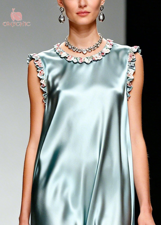 Simple Light Blue Ruffled Patchwork Silk Dress Sleeveless