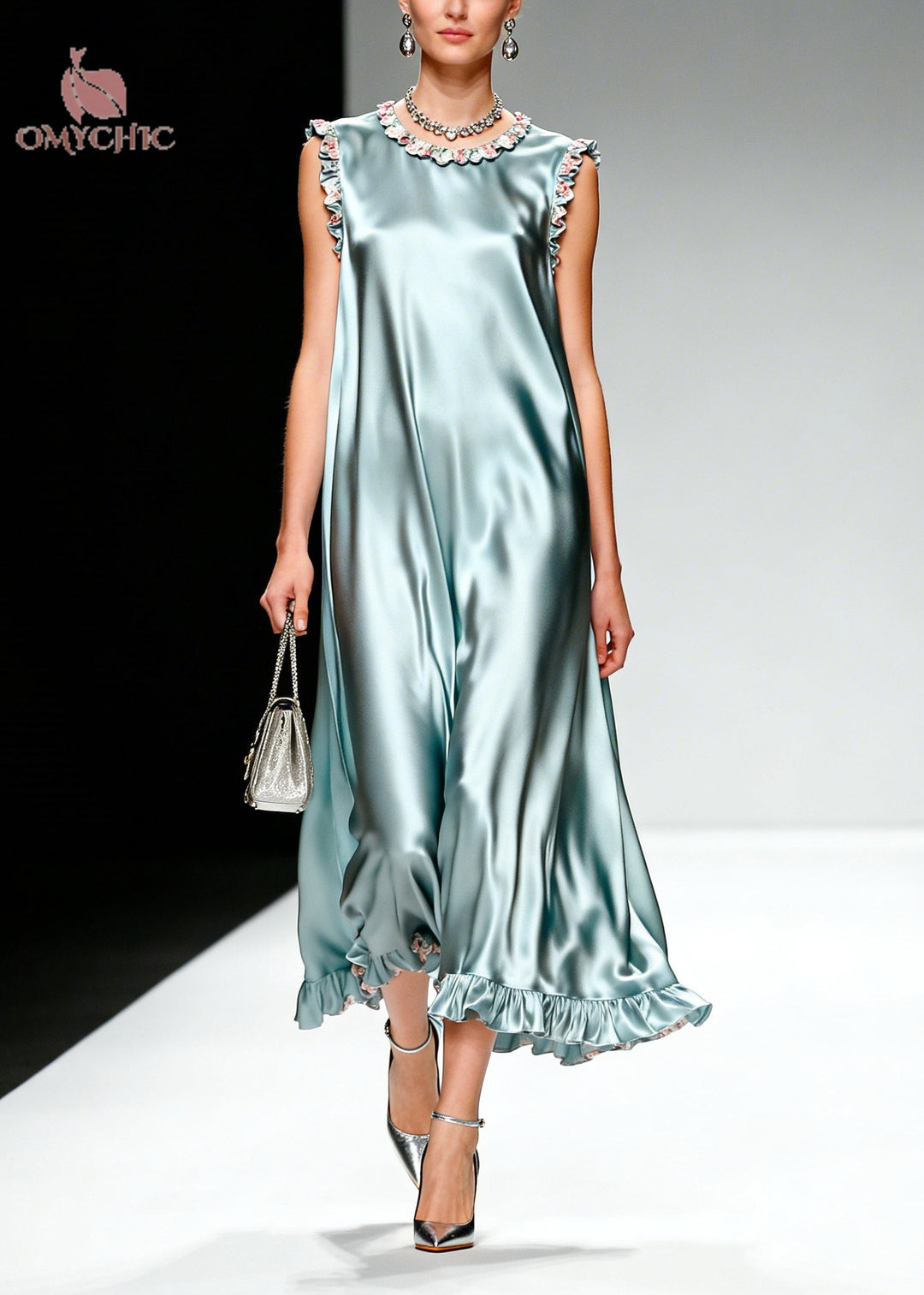 Simple Light Blue Ruffled Patchwork Silk Dress Sleeveless