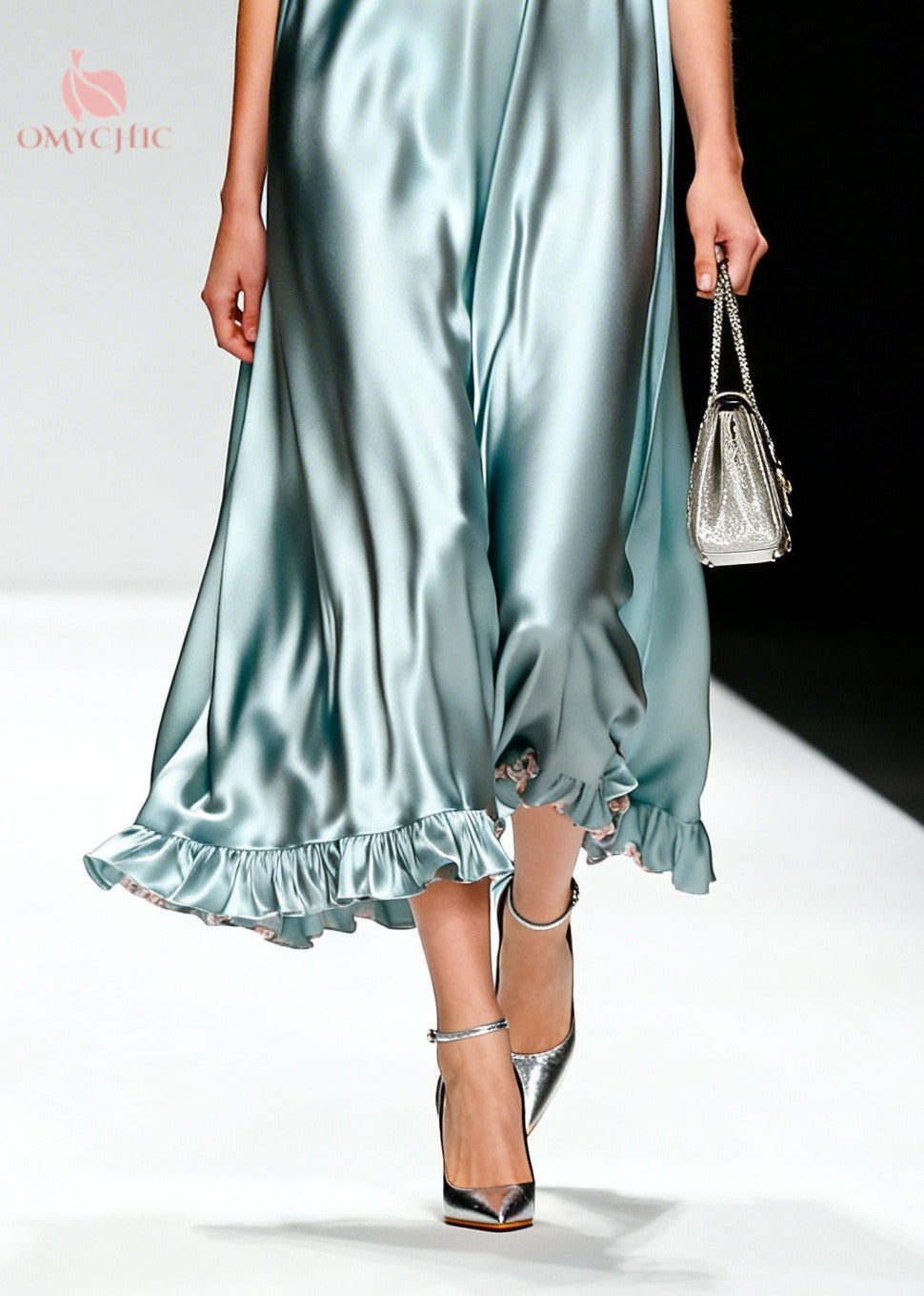 Simple Light Blue Ruffled Patchwork Silk Dress Sleeveless