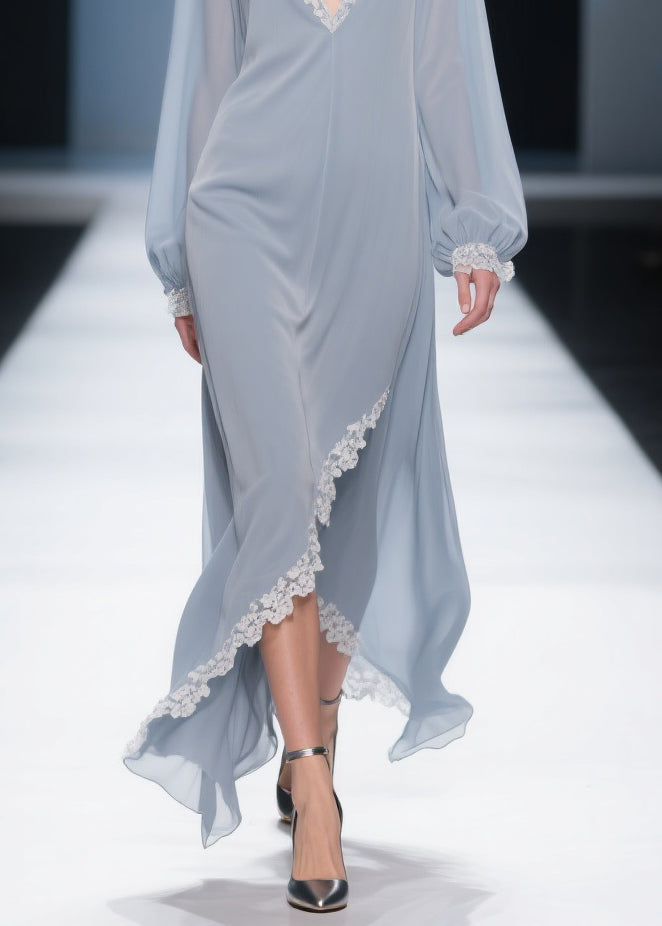 Simple Light Haze Blue Lace Side Open Chiffon Dress Lantern Sleeve