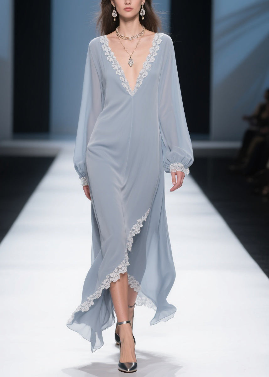 Simple Light Haze Blue Lace Side Open Chiffon Dress Lantern Sleeve