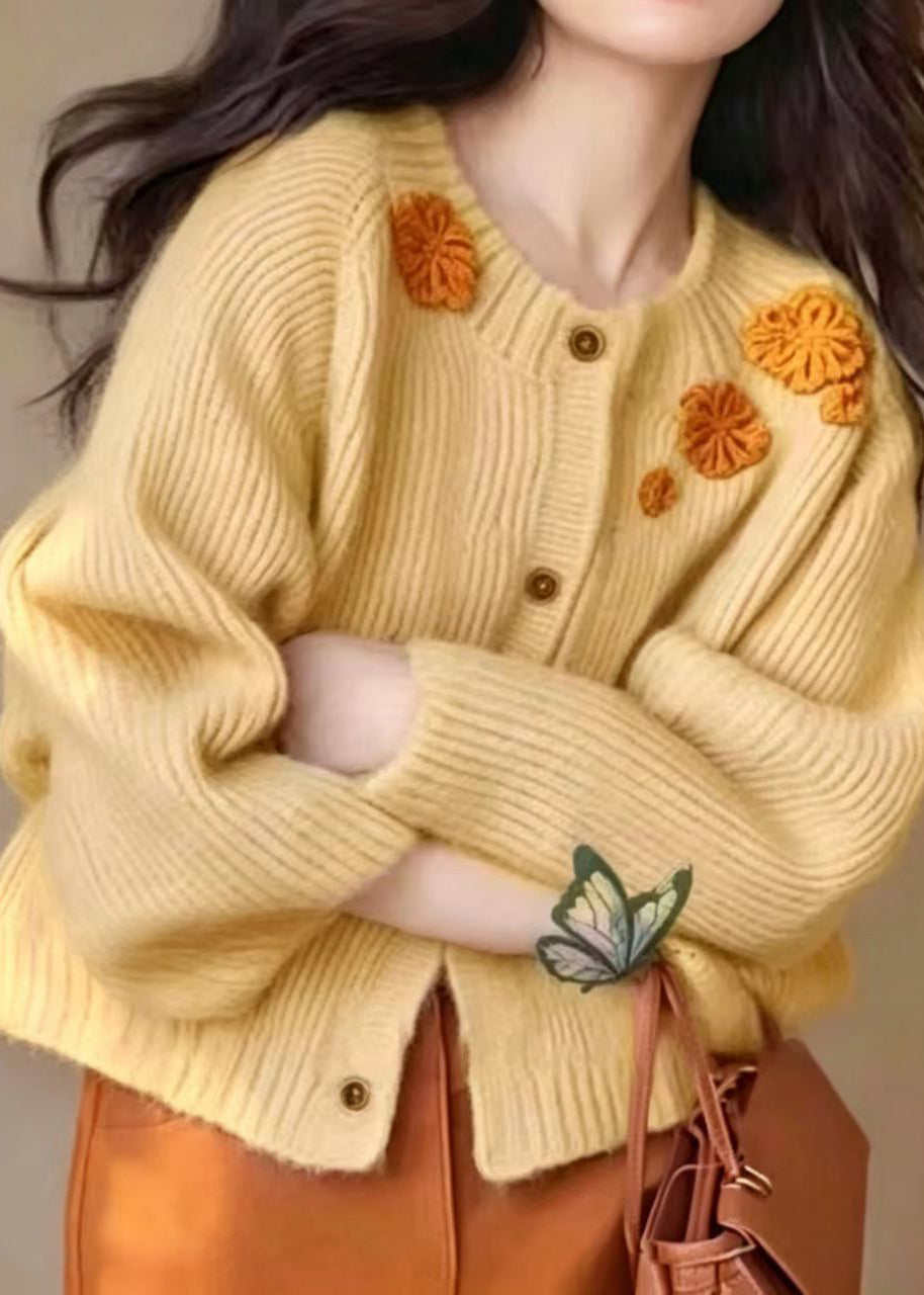 Simple Light Pink Embroidered Floral Knit Cardigan Fall