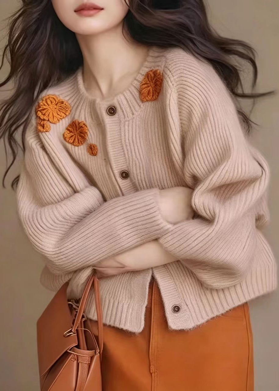 Simple Light Pink Embroidered Floral Knit Cardigan Fall