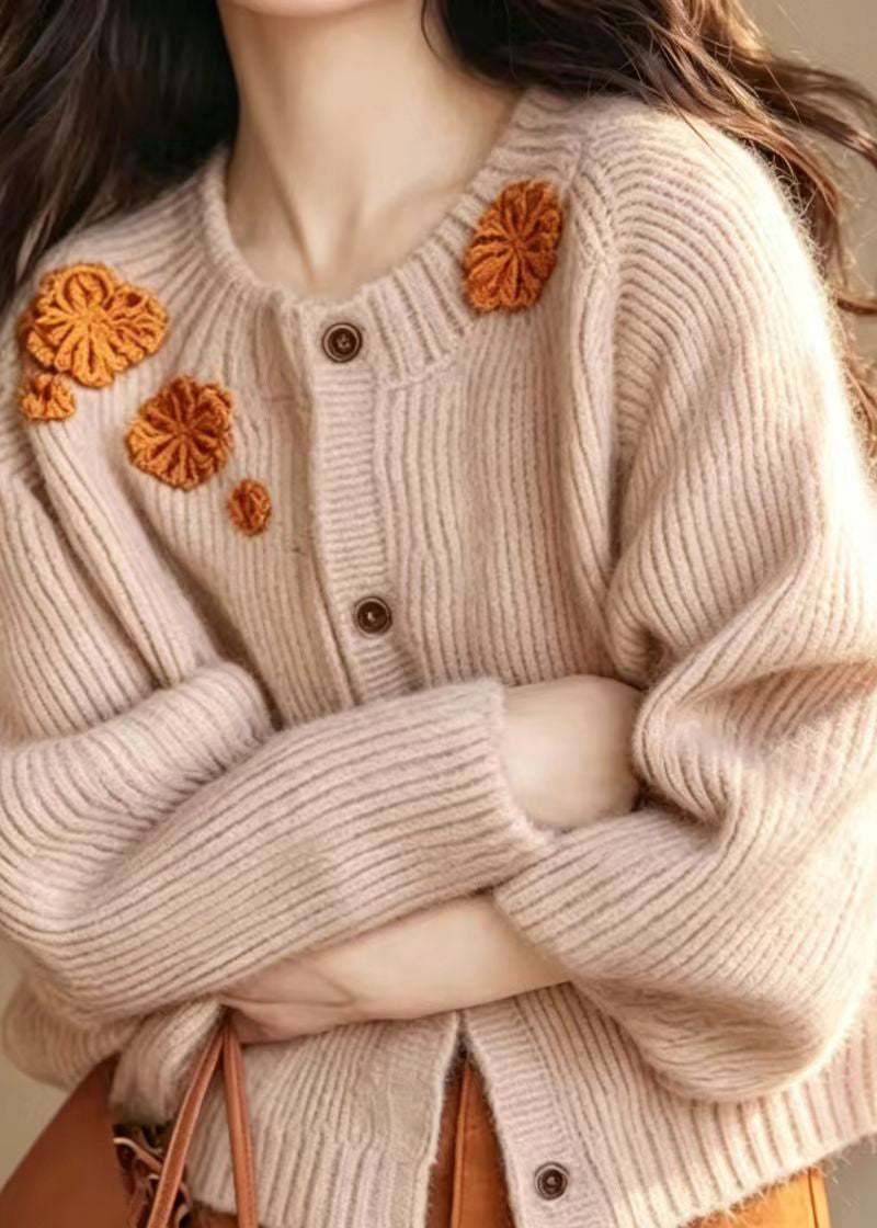 Simple Light Pink Embroidered Floral Knit Cardigan Fall