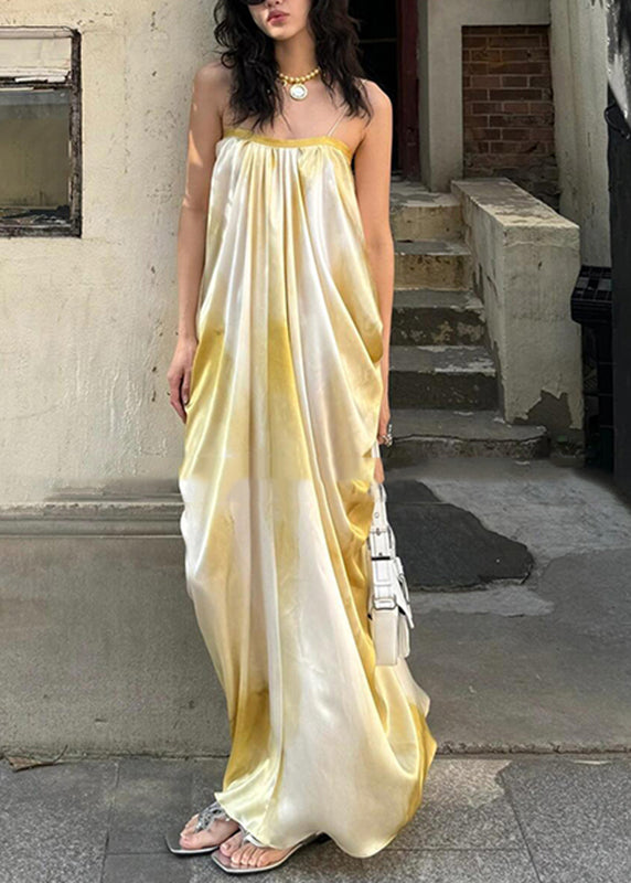 Simple Light Yellow Tie Dye Long Spaghetti Strap Dress Summe