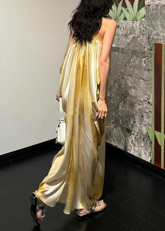 Simple Light Yellow Tie Dye Long Spaghetti Strap Dress Summe