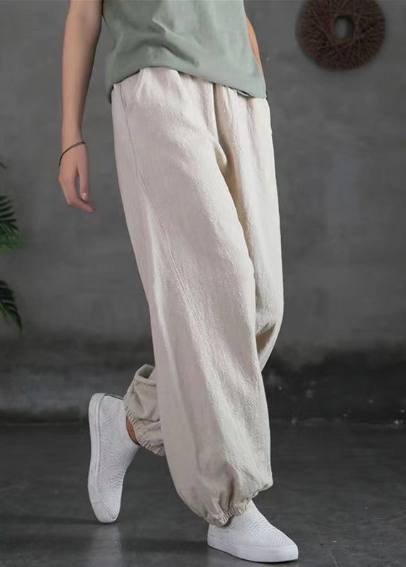 Simple Linen Pockets Elastic Waist Cotton Pants Spring - Omychic