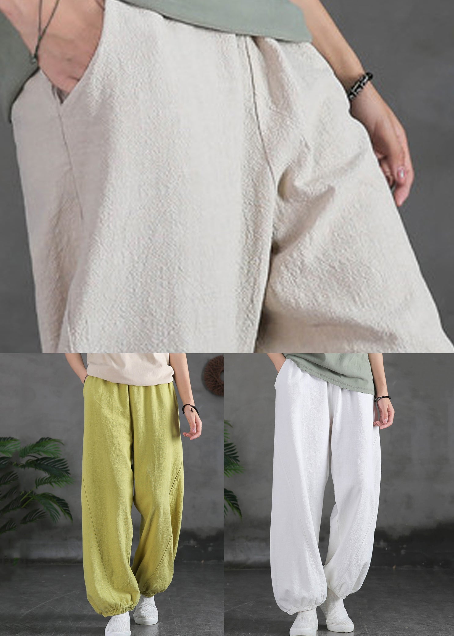Simple Linen Pockets Elastic Waist Cotton Pants Spring - Omychic