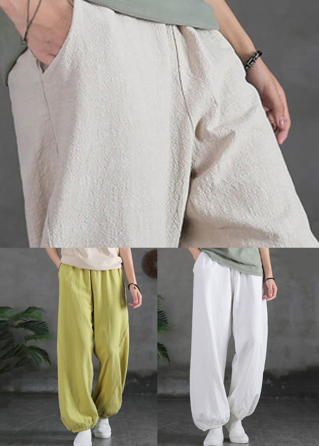 Simple Linen Pockets Elastic Waist Cotton Pants Spring - Omychic