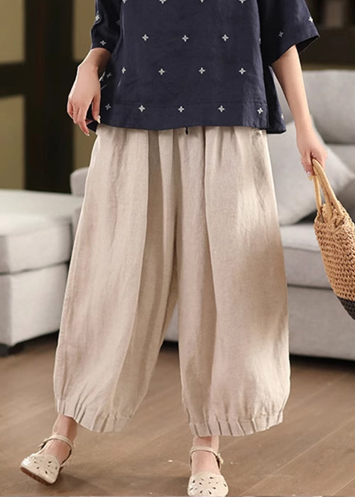 Simple Linen Pockets Elastic Waist Linen Wide Leg Pants Summer
