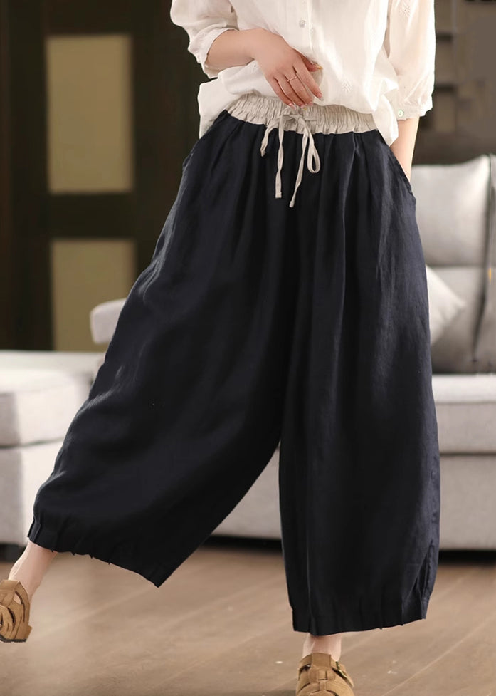 Simple Linen Pockets Elastic Waist Linen Wide Leg Pants Summer