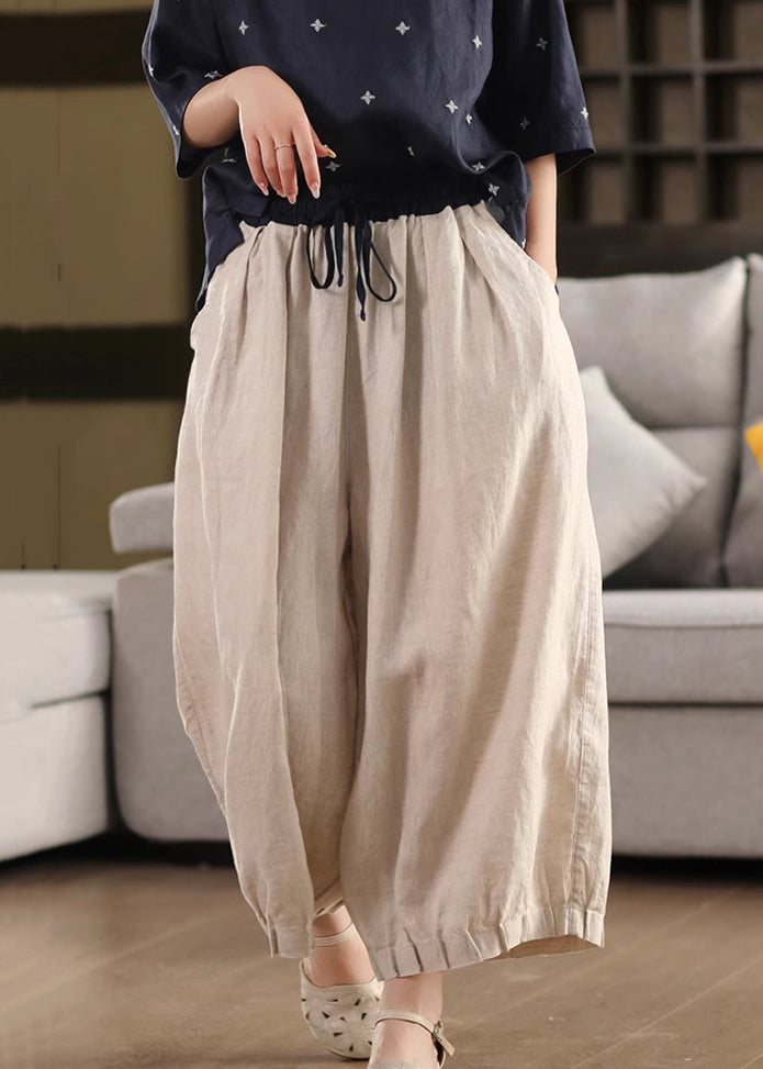 Simple Linen Pockets Elastic Waist Linen Wide Leg Pants Summer