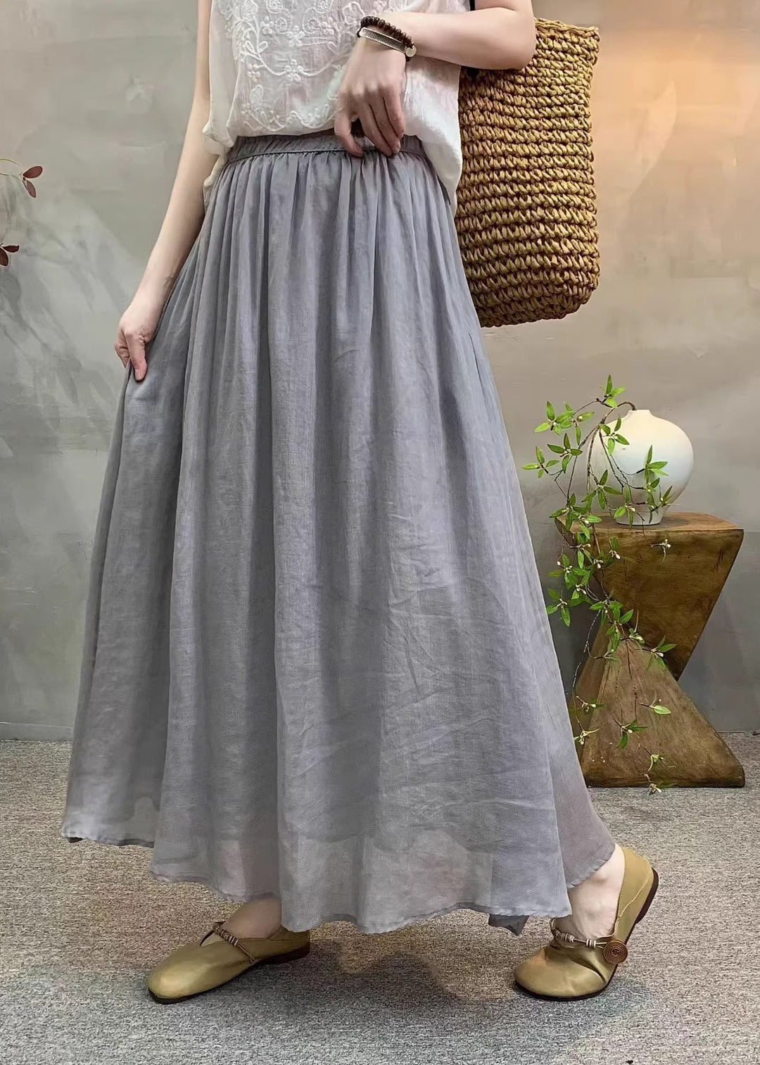 Simple Loose White Elastic Waist Linen Skirts Summer