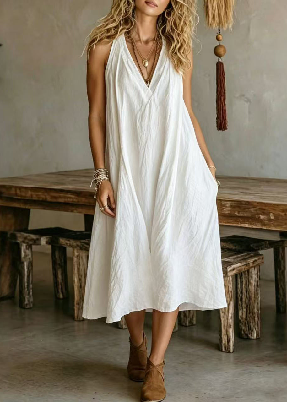 Simple Loose Yellow V Neck Cotton Maxi Dresses Sleeveless